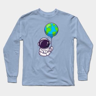 Cute Astronaut Sitting With Earth Balloon Cartoon Long Sleeve T-Shirt